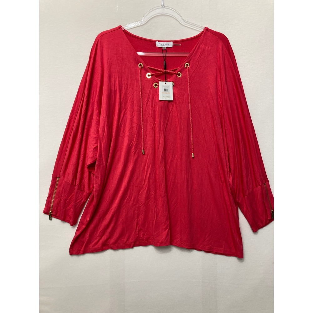 NWT Calvin Klein Blouse Size 2X Red Lace Up Dolman Sleeve Zipper Cuff Relaxed